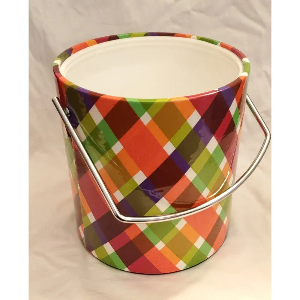 Colorful Plaid Ice Bucket With Lid & Handle Mid Century Style Retro Design Neon